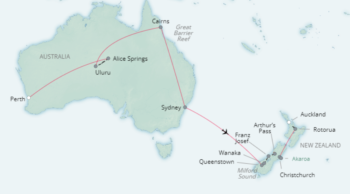 Map of tour Over 50s Natural Wonders Tour of Australia & New Zealand