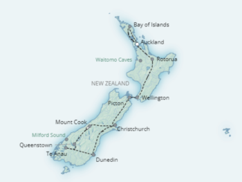 Map of tour Highlights of New Zealand for Over 50s