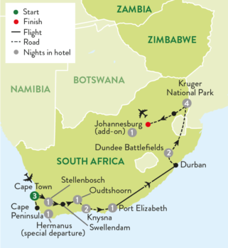 Map of tour Culture & Wildlife of South Africa with Whale-Watching Trip