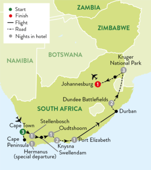 Map of tour South Africa Encompassed: Cityscapes & Widlife Reserves