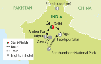 Map of tour Golden Triangle, Safari and Himalayas Tour of India