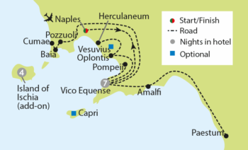 Map of tour Pompeii, Paestum & Herculaneum with Ischia Island Stay