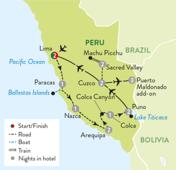 Map of tour 20-Day Fabulous Peru Tour with Amazon Stay