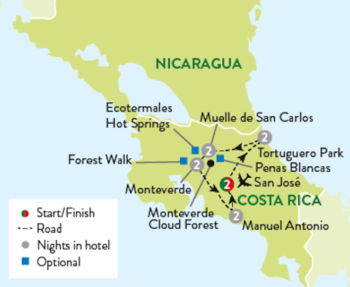 Map of tour Costa Rica Wildlife & Nature Highlights