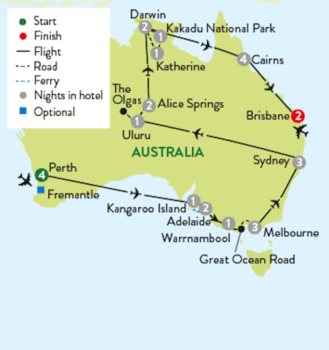 Map of tour Cultural and Wildlife Tour of Australia