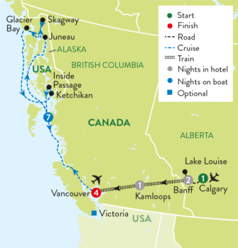 Map of tour Canadian Rockies Rail Tour and Alaska Wildlife Cruise