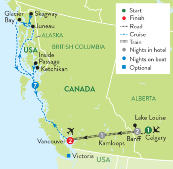 Map of tour Canadian Rockies by Rail and Alaska Nature Cruise