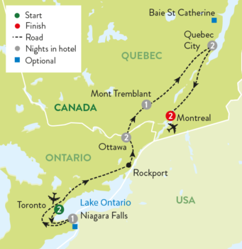 Map of tour Canada’s Cities and Scenery and Niagara Falls