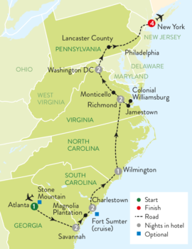 Map of tour Historic Tour of America’s East with New York Stay