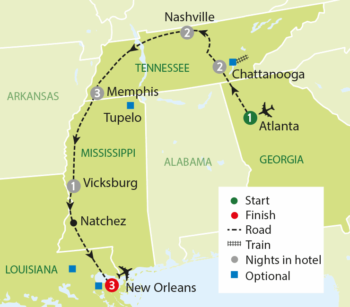 Map of tour Music of the Deep South with Chatanooga Stay