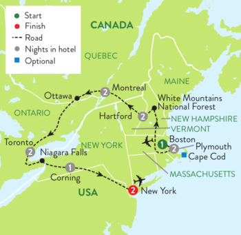 Map of tour New England in The Fall and Canada