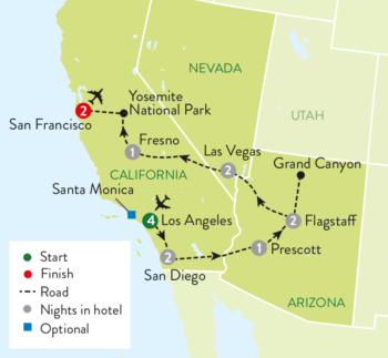 Map of tour Best of Western USA with Los Angeles Pre-Tour